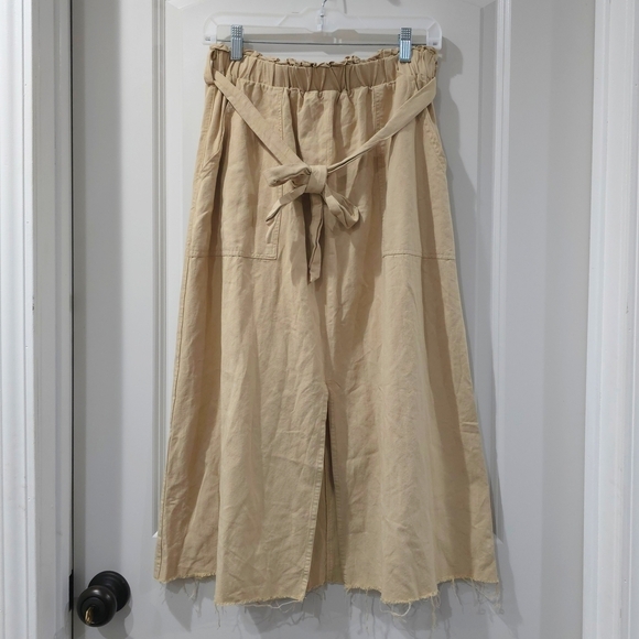Tan Linen Cotton Blend Elastic Waist Midi Skirt, Tie Belt, Front Slit, Pockets - Picture 2 of 14